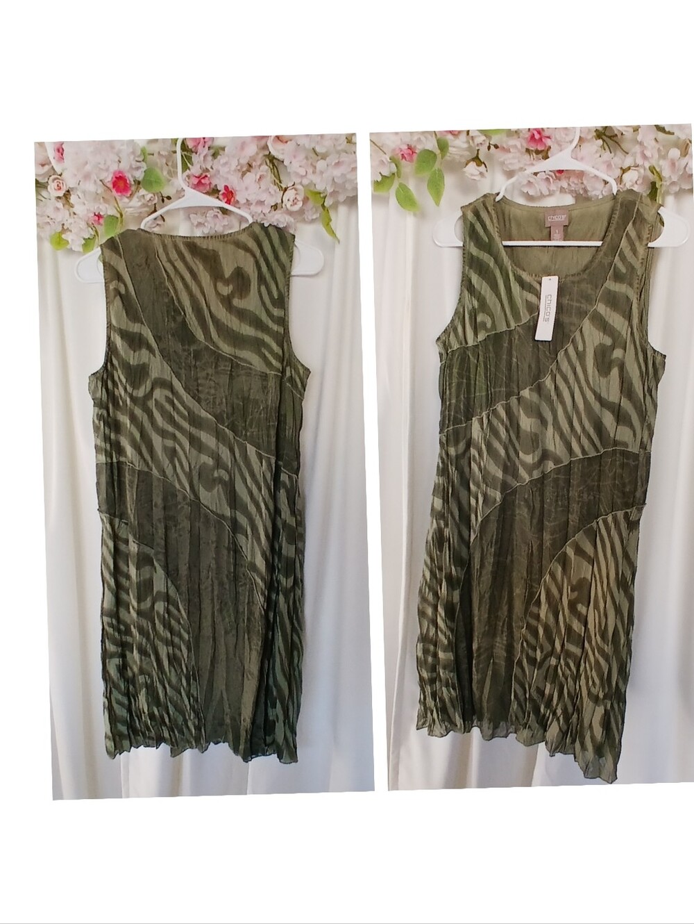 Chico's Olive Green Patterned Sleeveless Blouse Size 2 Retail $74.95
